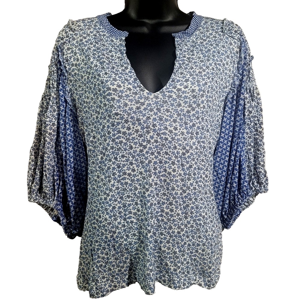 Roberto Cavalli 100% Silk Blouse US Sz M Blue Floral Balloon Slv V-Neck Boho